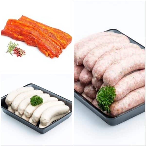 gemarineerd spek + barbecueworst + witte pensen